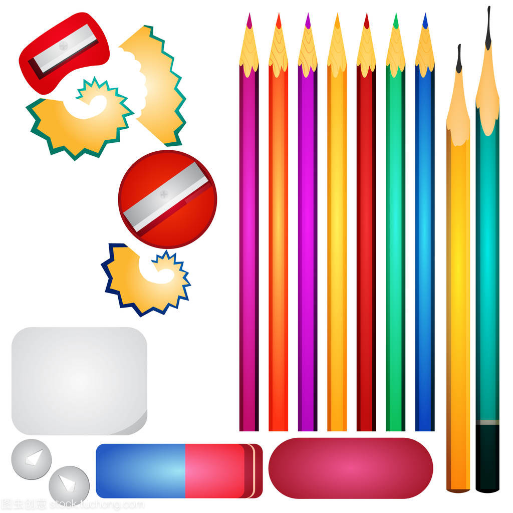 多彩色的铅笔和橡皮